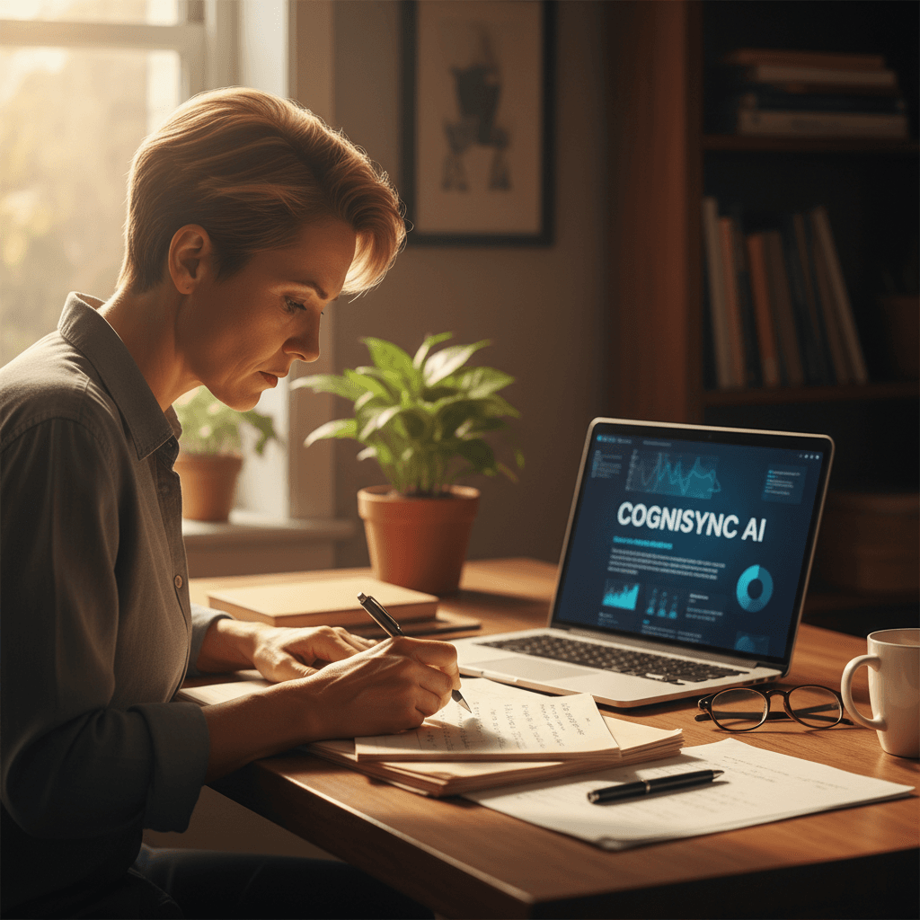 Professional reviewing AI-generated content and notes