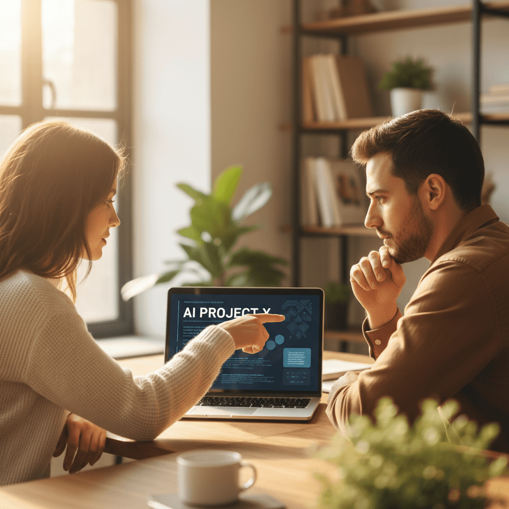 Two people collaborating with AI tools on a laptop