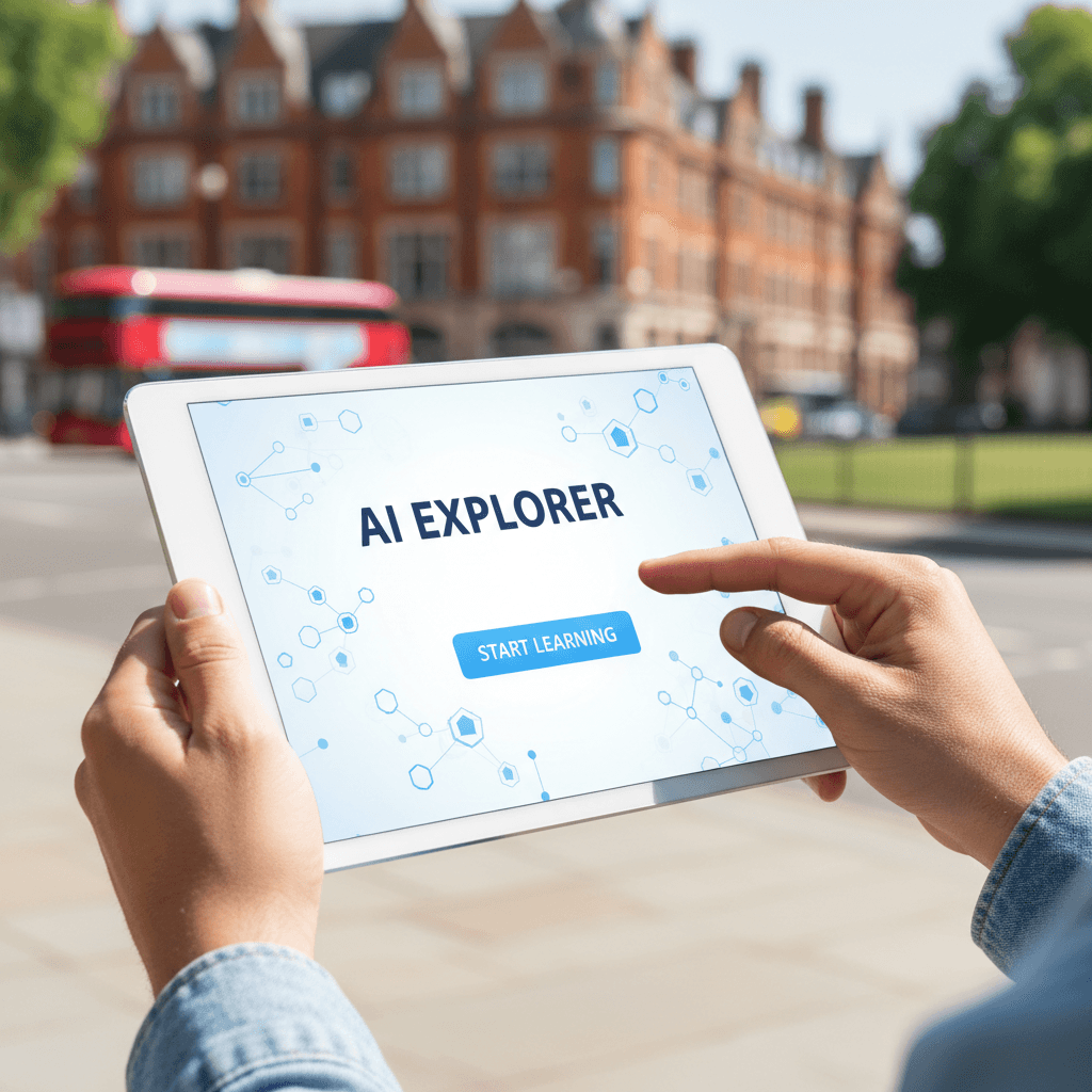 Person using AI tools on tablet in an urban setting